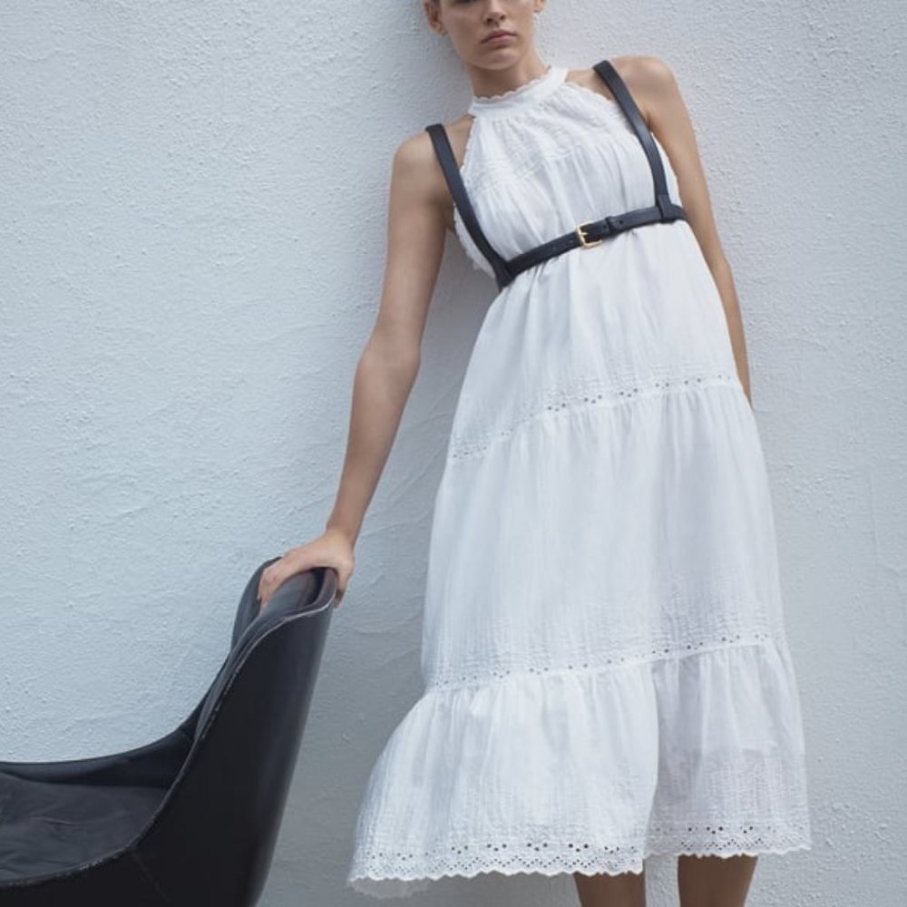 Zara White Tiered Eyelet Midi Dress with Black Harness Detail